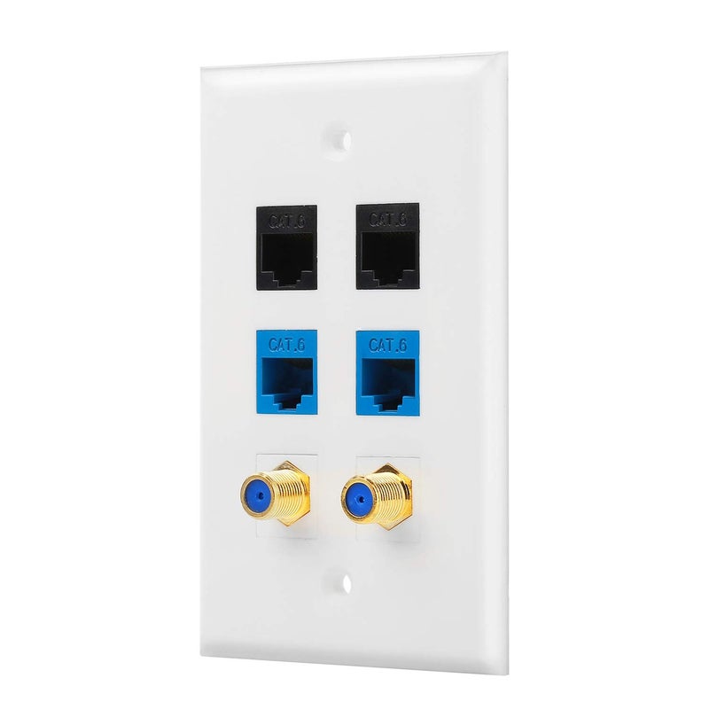IBL-2 Port Gold-Plated Coaxial TV Cable F Type + 4 Port Cat6 Ethernet Female to Female Jack Wall Plate in White - Image 1